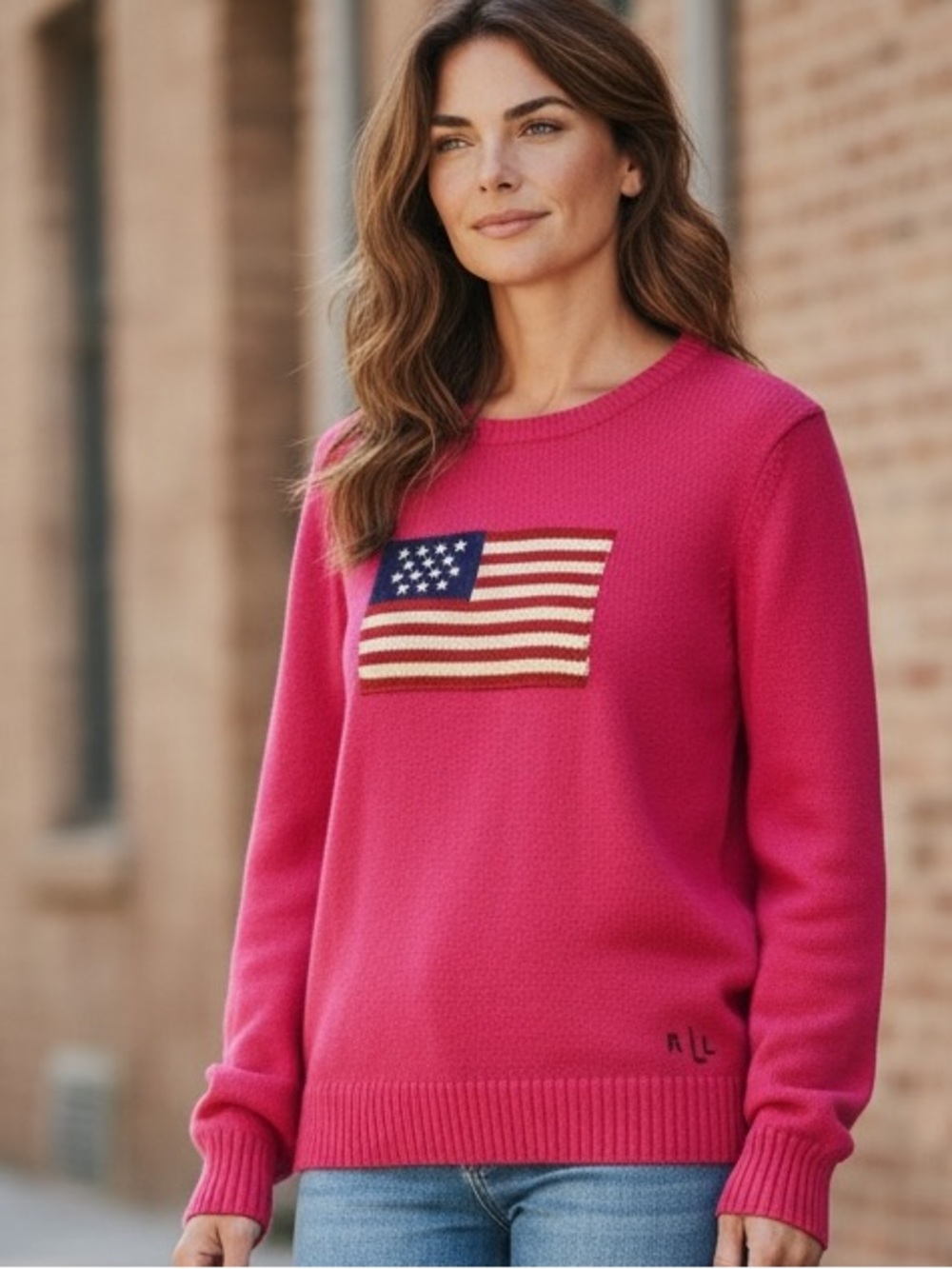 LAUREN RALPH LAUREN PINK AMERICAN   FLAG COTTON SWEATER SZ LARGE